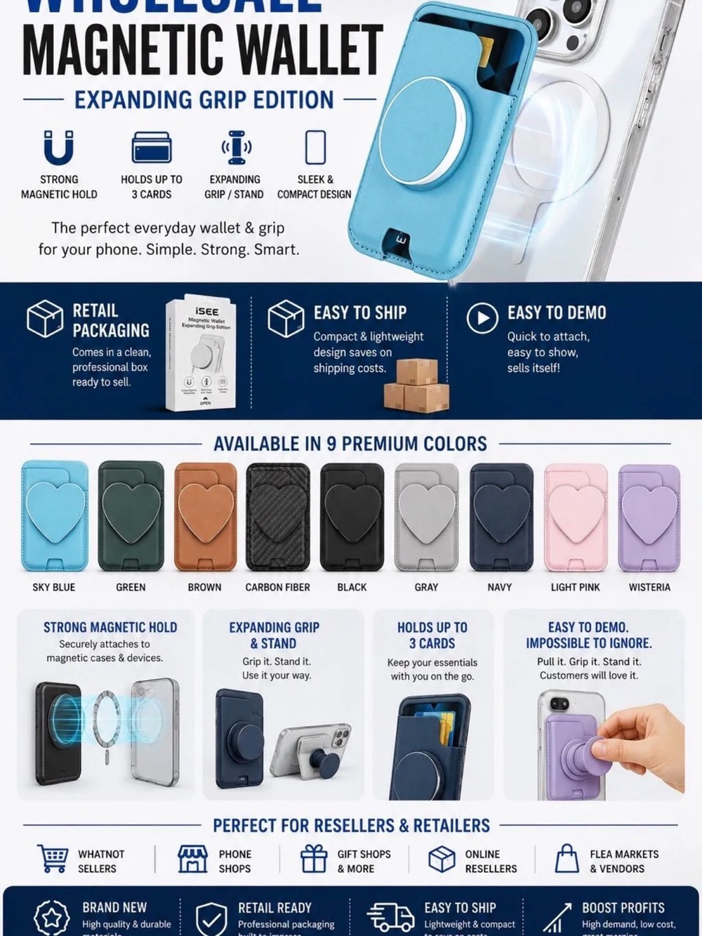 Magnetic Wallet & Expanding Grip Card Holder. Multiple colors available